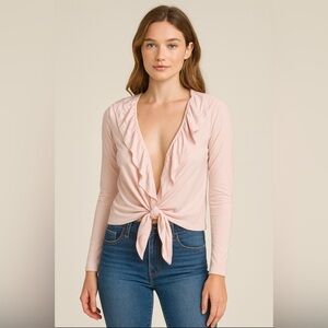 BenandLucia Elegant Pink Ruffle Tie-Front Cotton Top.   Size-P